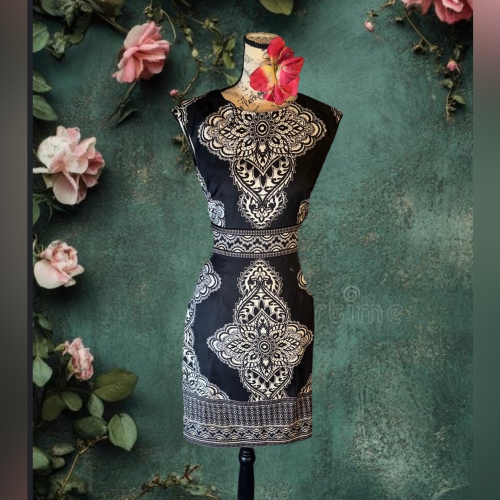Roz & Ali Black and White Medallion Midi Dress